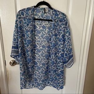 Long blue and white sheer Kimono